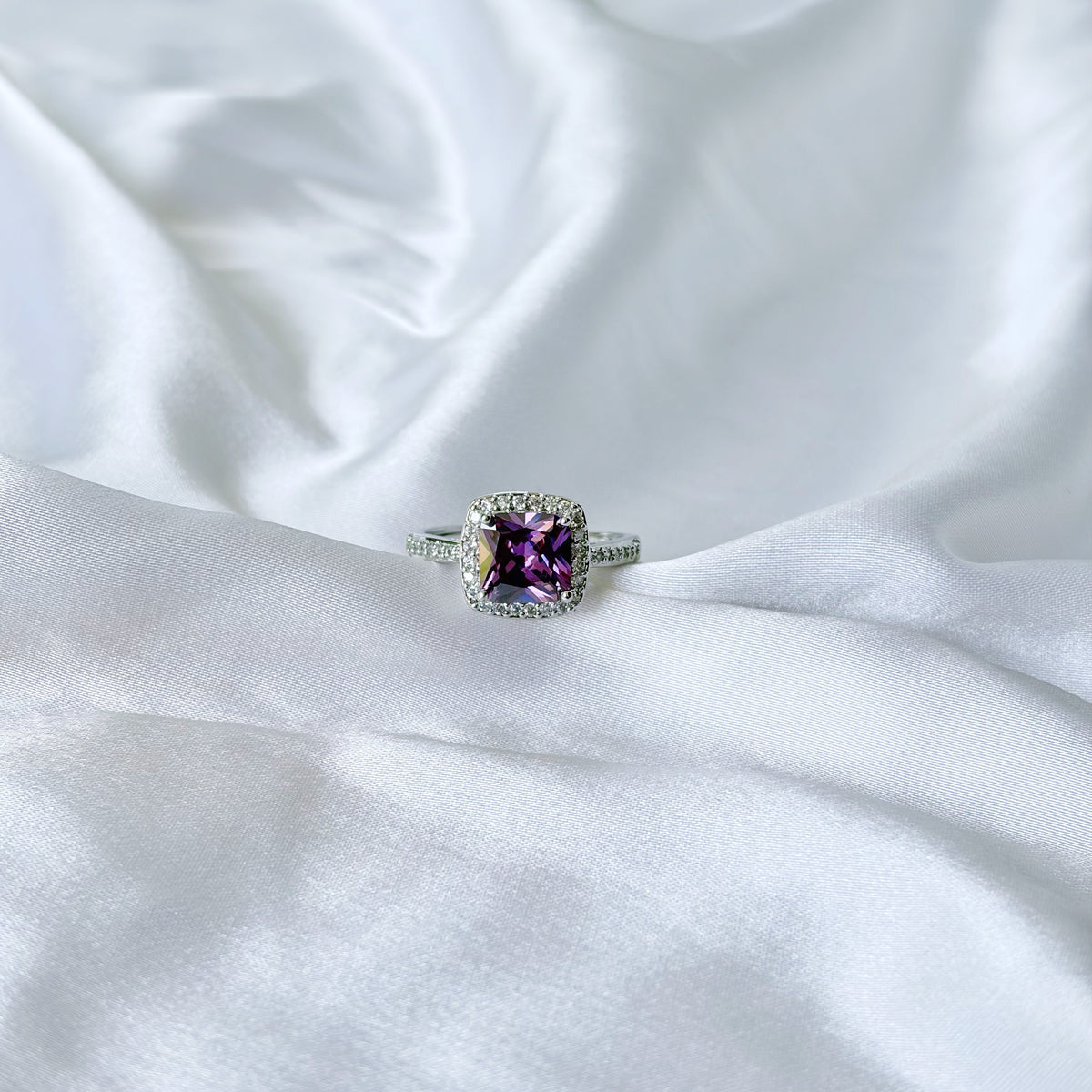 Purple Amethyst Cubic Zirconia Ice Cut American Diamond Silver Plated Adjustable Ring