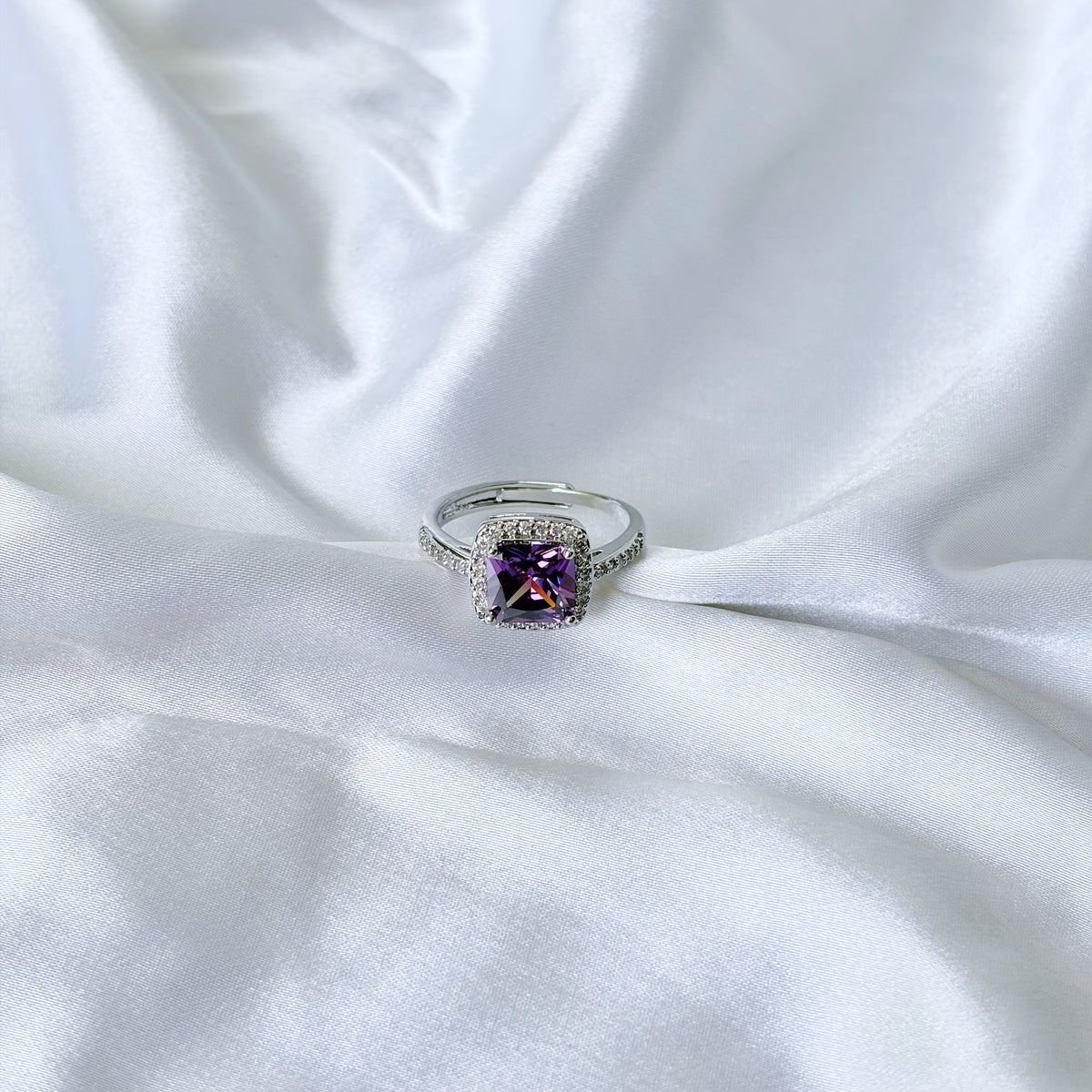 Purple Amethyst Cubic Zirconia Ice Cut American Diamond Silver Plated Adjustable Ring
