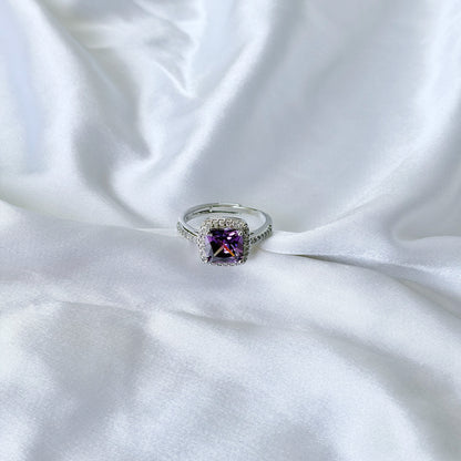 Purple Amethyst Cubic Zirconia Ice Cut American Diamond Silver Plated Adjustable Ring