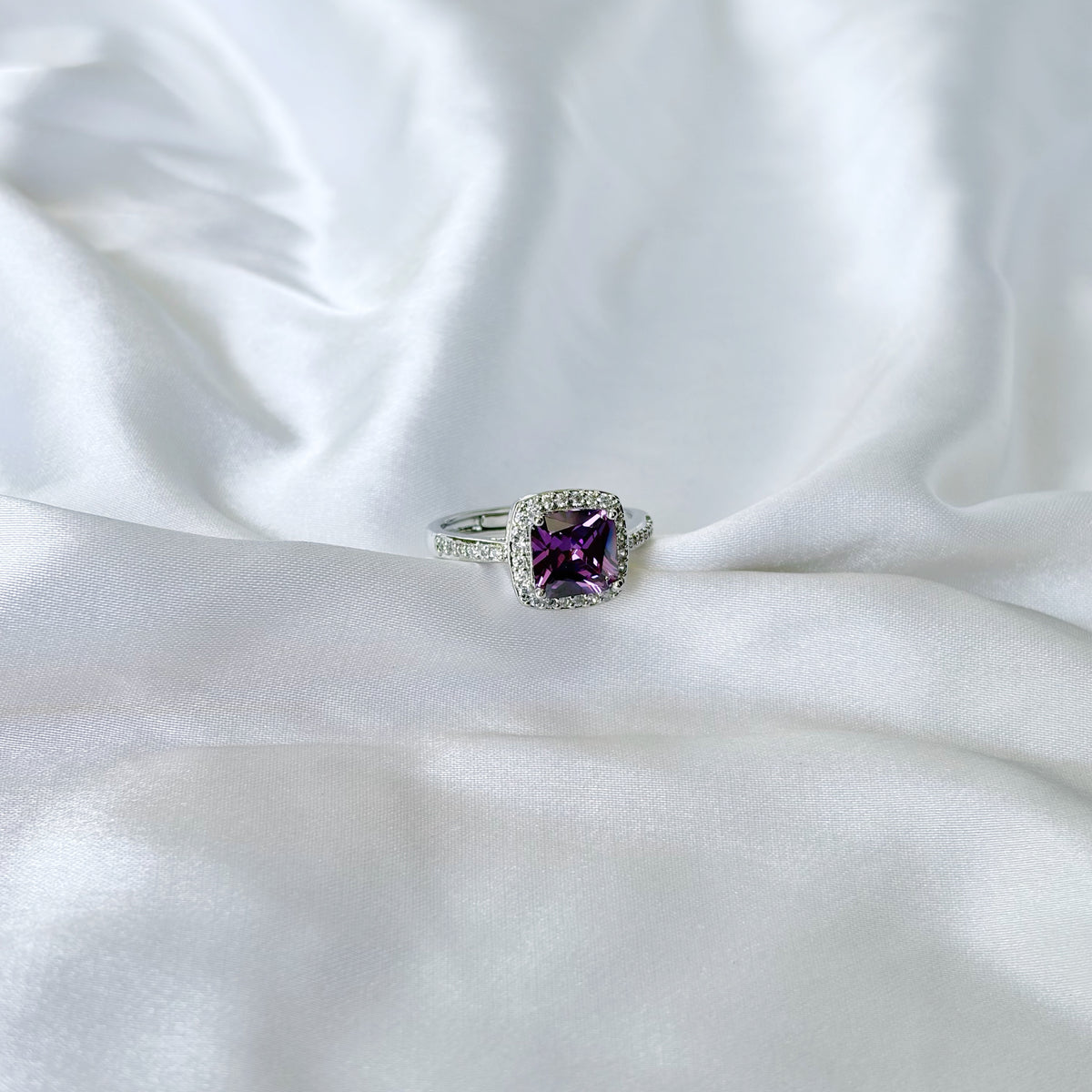 Purple Amethyst Cubic Zirconia Ice Cut American Diamond Silver Plated Adjustable Ring