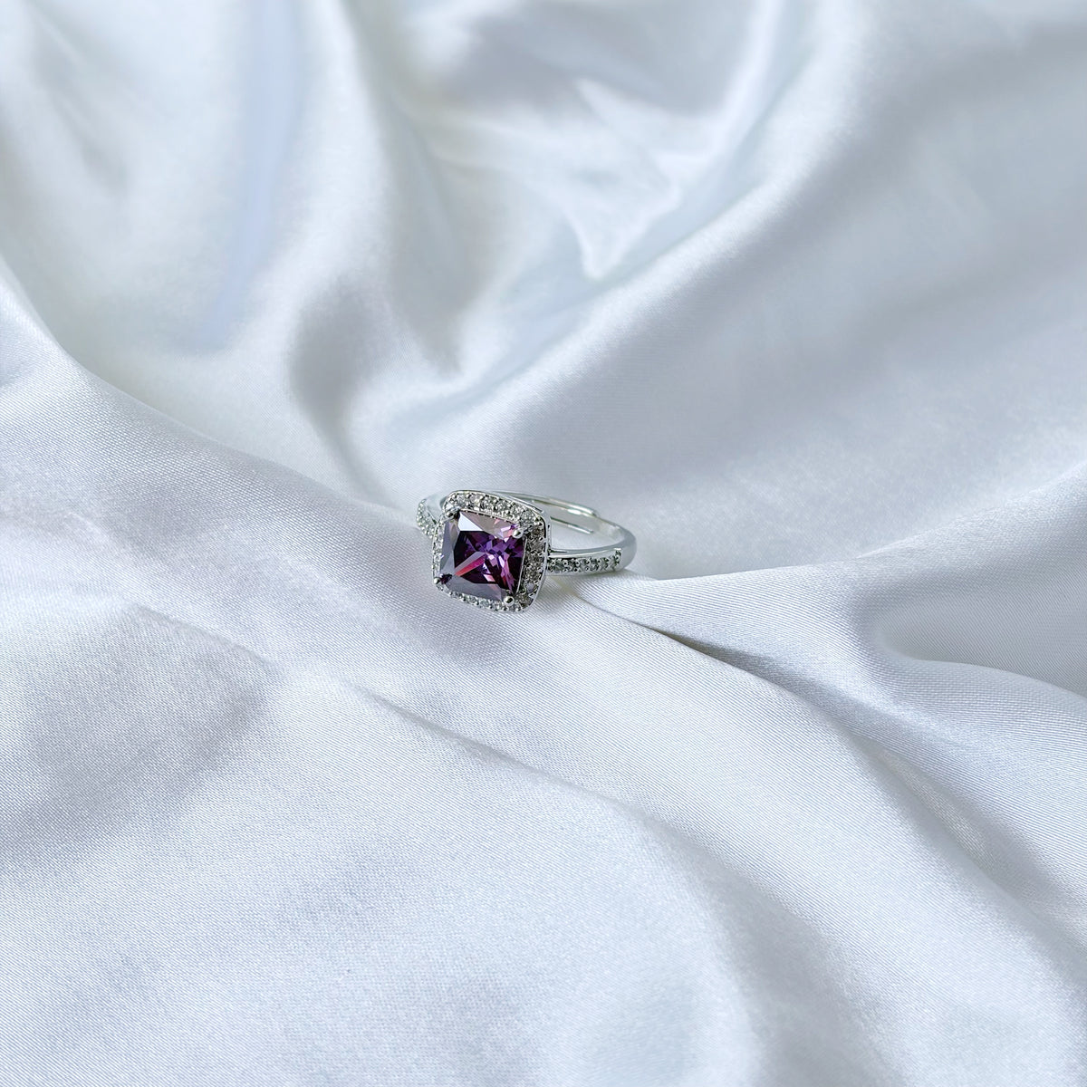 Purple Amethyst Cubic Zirconia Ice Cut American Diamond Silver Plated Adjustable Ring