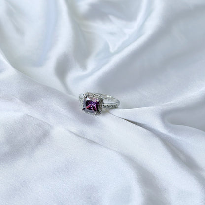 Purple Amethyst Cubic Zirconia Ice Cut American Diamond Silver Plated Adjustable Ring