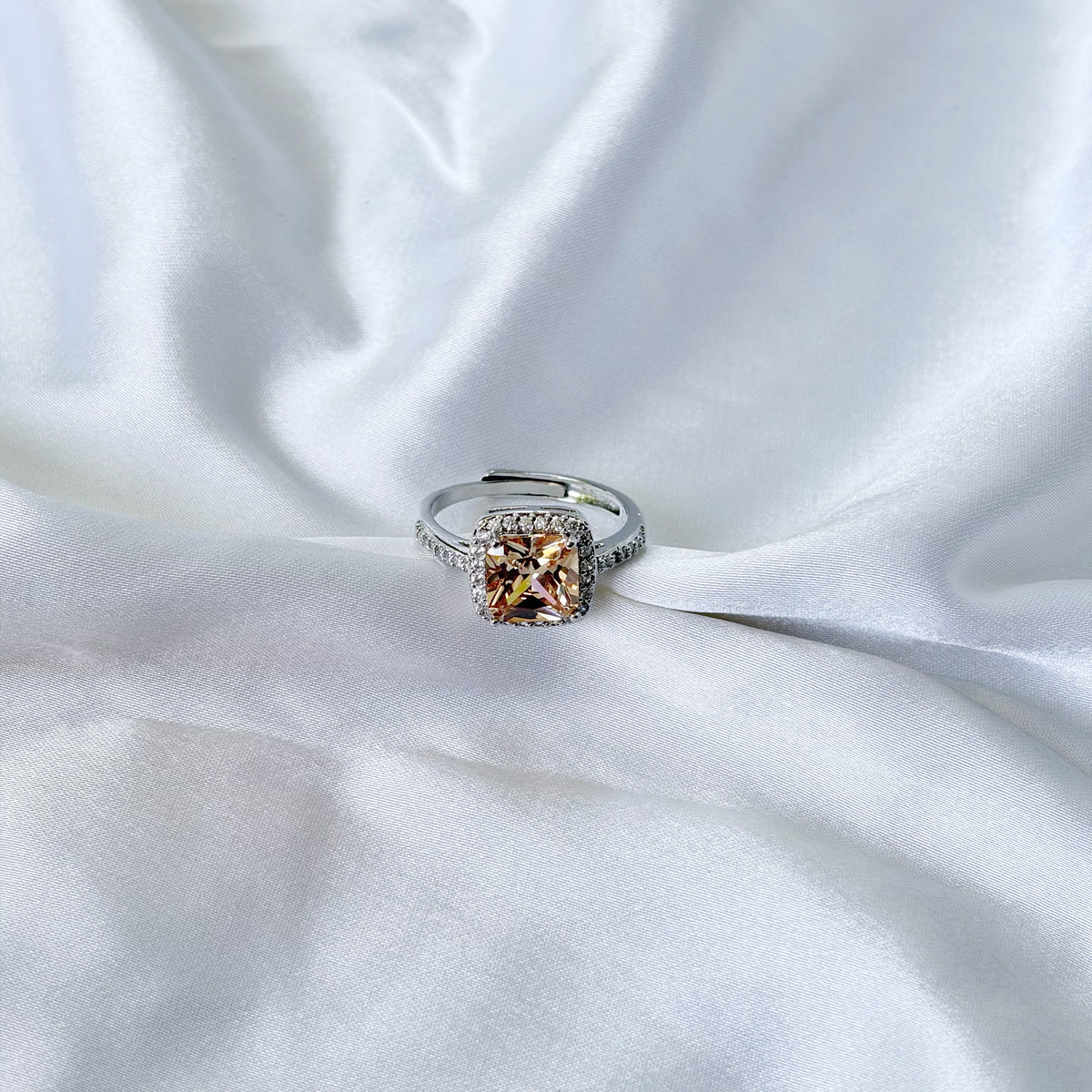Smoked Yellow Topaz Cubic Zirconia Ice Cut American Diamond Silver Plated Adjustable Ring