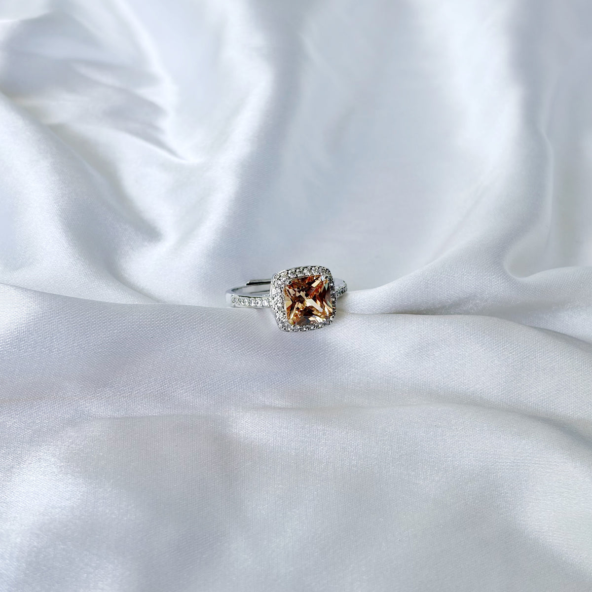Smoked Yellow Topaz Cubic Zirconia Ice Cut American Diamond Silver Plated Adjustable Ring