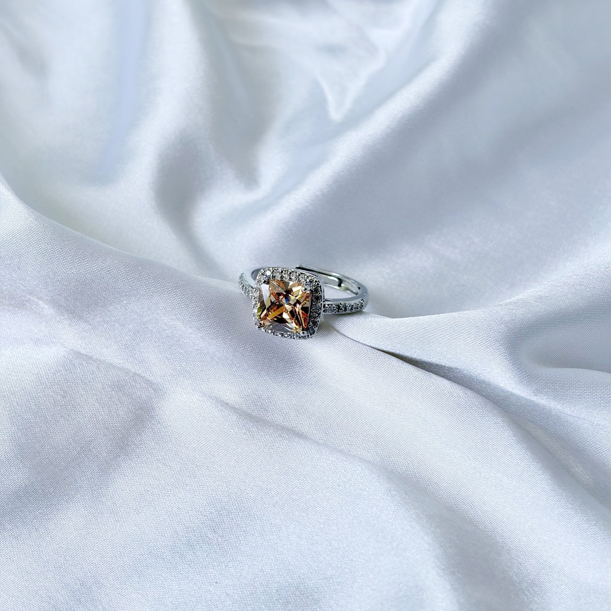 Smoked Yellow Topaz Cubic Zirconia Ice Cut American Diamond Silver Plated Adjustable Ring