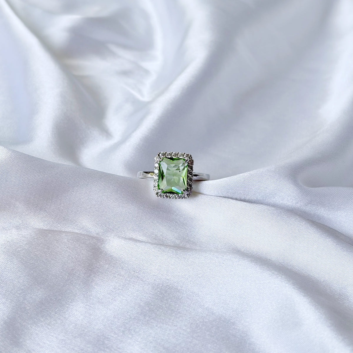 Olive Green Cubic Zirconia Ice Cut American Diamond Silver Plated Adjustable Ring