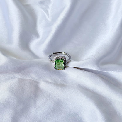 Olive Green Cubic Zirconia Ice Cut American Diamond Silver Plated Adjustable Ring