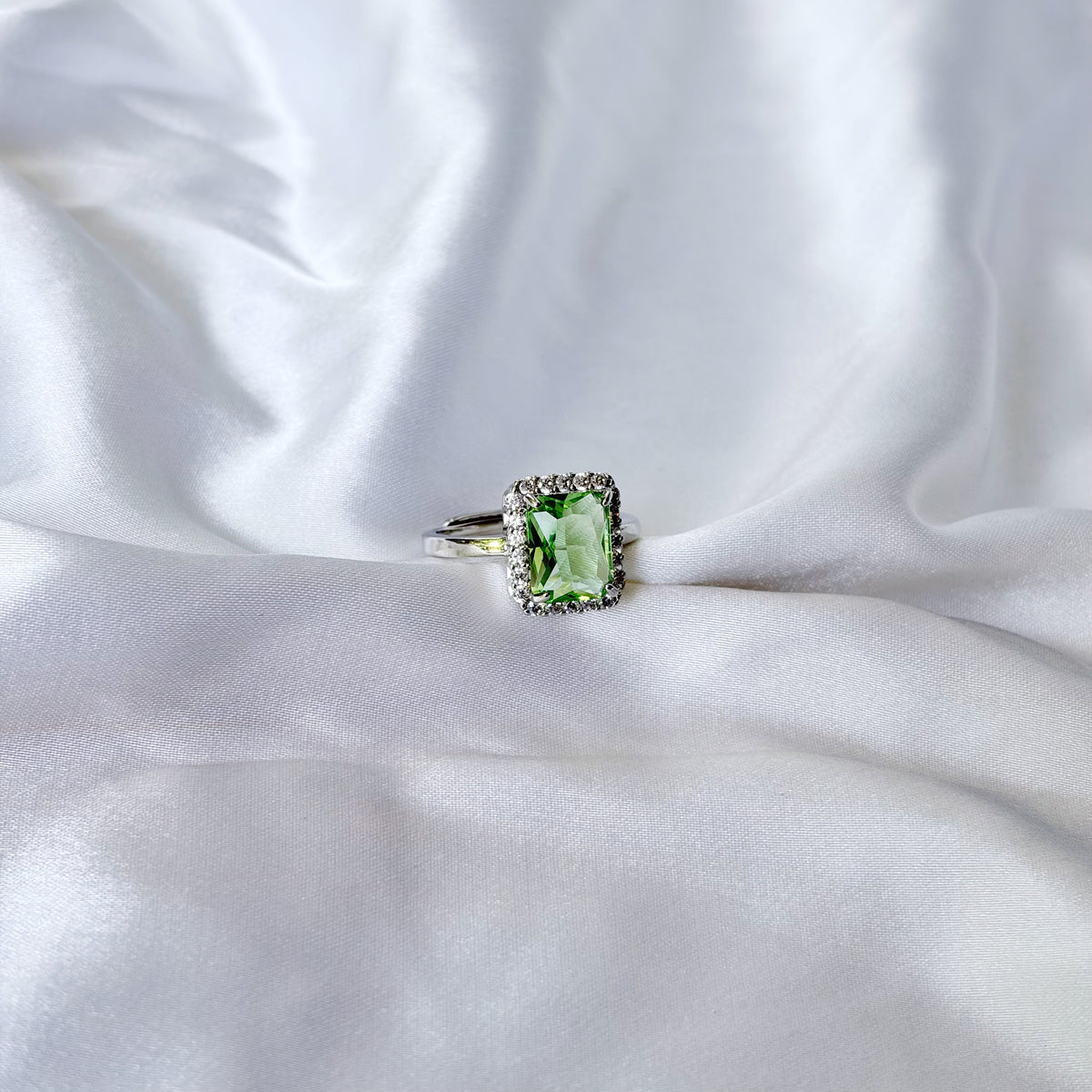 Olive Green Cubic Zirconia Ice Cut American Diamond Silver Plated Adjustable Ring