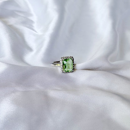 Olive Green Cubic Zirconia Ice Cut American Diamond Silver Plated Adjustable Ring