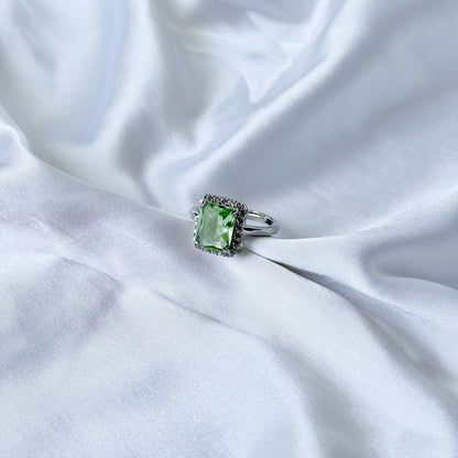 Olive Green Cubic Zirconia Ice Cut American Diamond Silver Plated Adjustable Ring