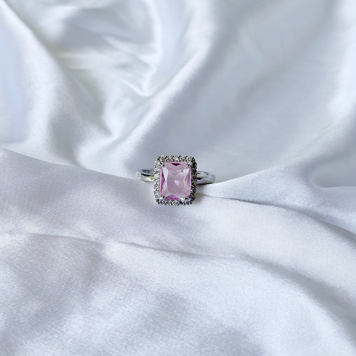 Pink Topaz Cubic Zirconia Ice Cut American Diamond Silver Plated Adjustable Ring