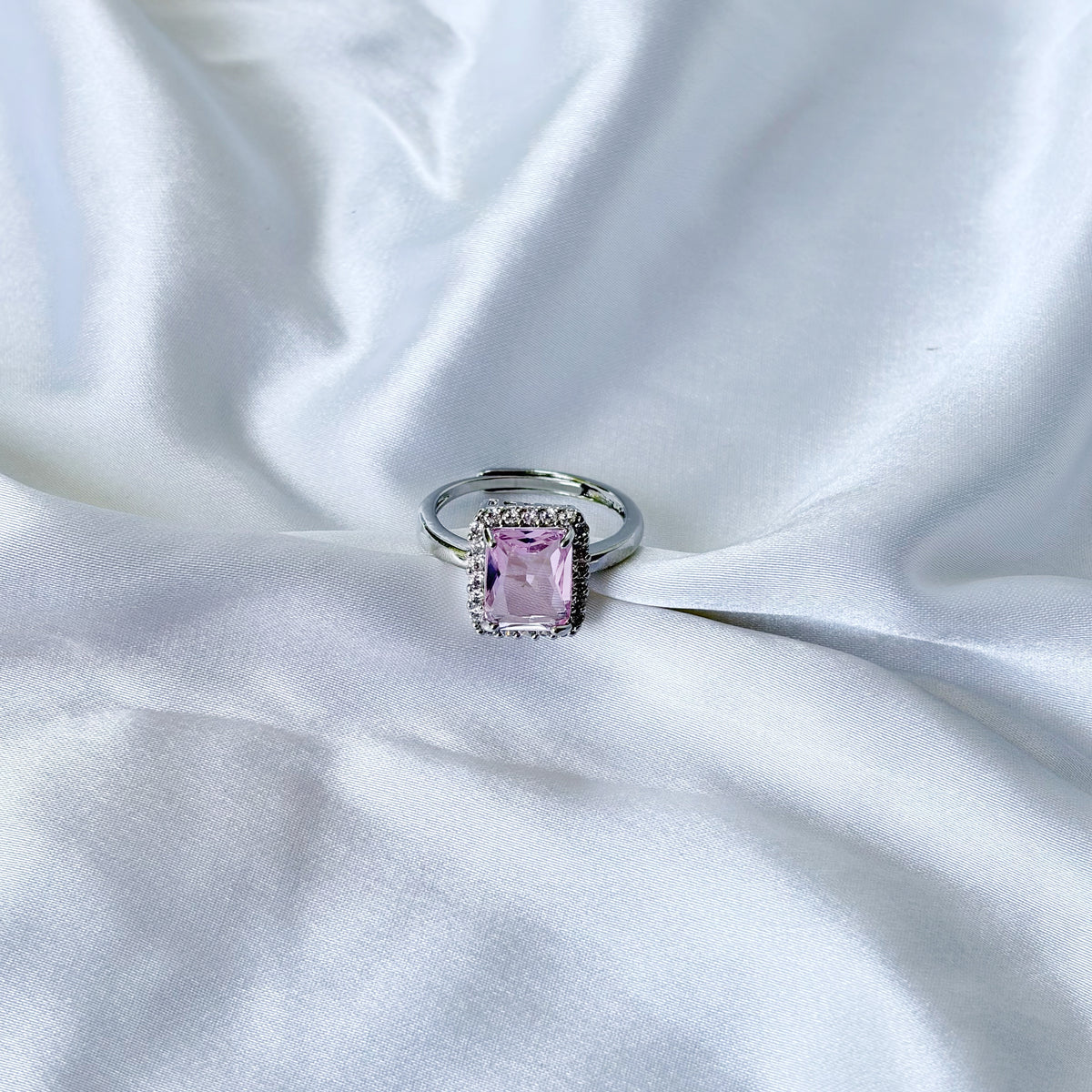 Pink Topaz Cubic Zirconia Ice Cut American Diamond Silver Plated Adjustable Ring