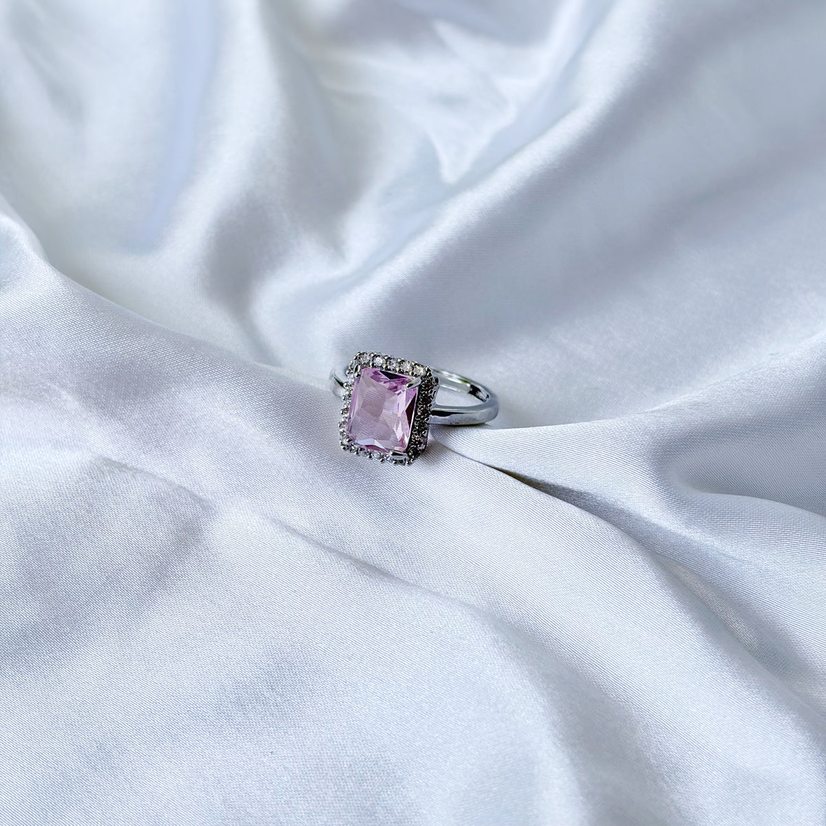 Pink Topaz Cubic Zirconia Ice Cut American Diamond Silver Plated Adjustable Ring