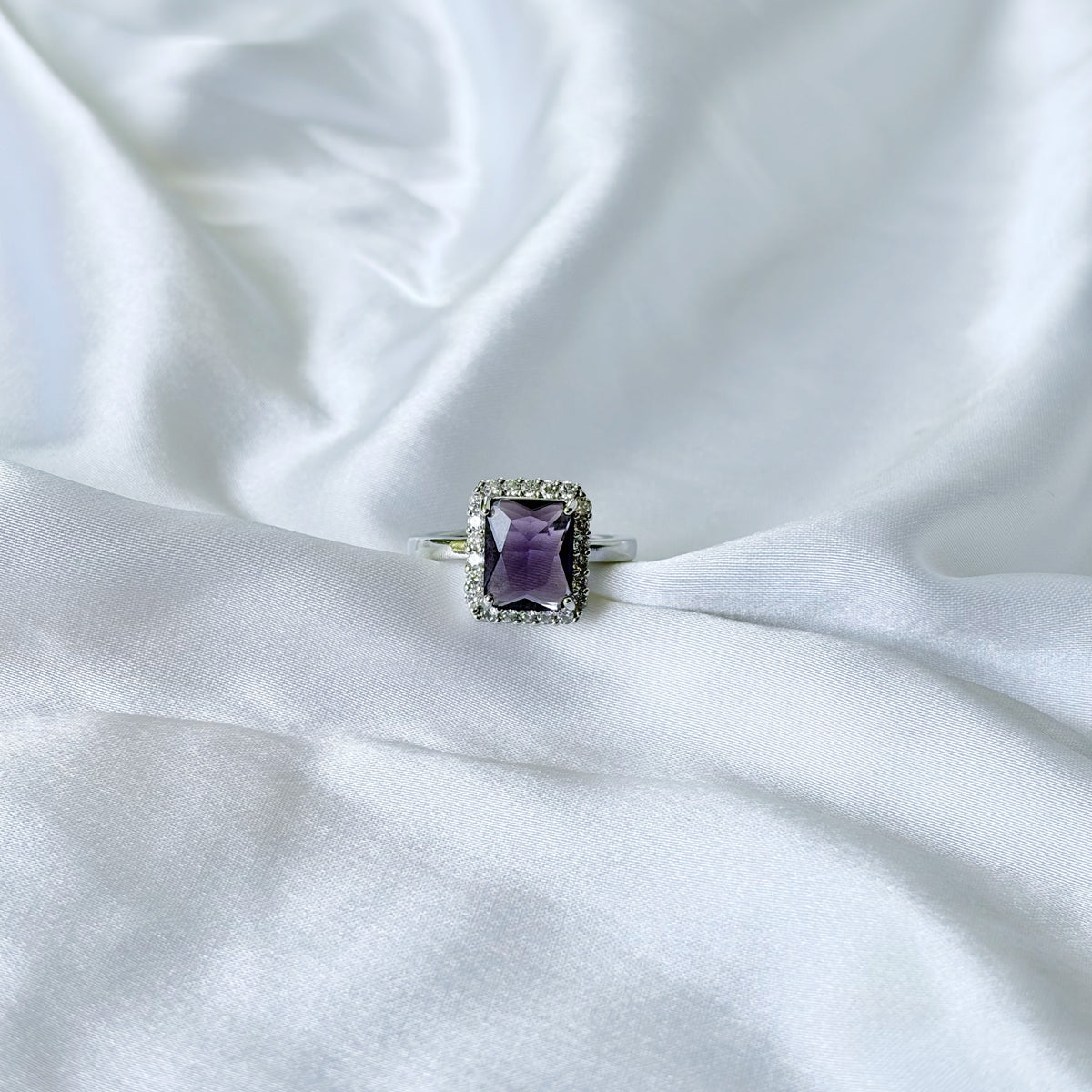 Purple Amethyst Cubic Zirconia Ice Cut American Diamond Silver Plated Adjustable Ring