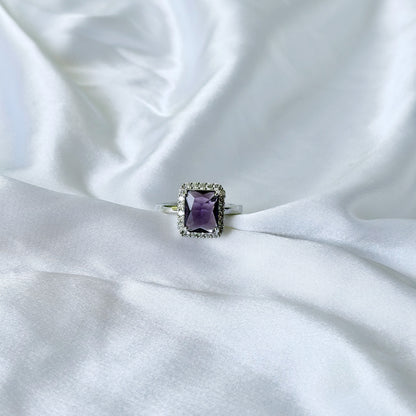 Purple Amethyst Cubic Zirconia Ice Cut American Diamond Silver Plated Adjustable Ring
