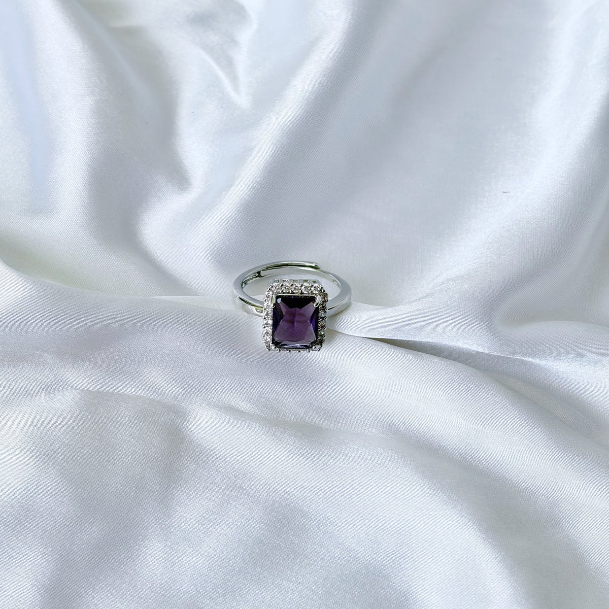 Purple Amethyst Cubic Zirconia Ice Cut American Diamond Silver Plated Adjustable Ring