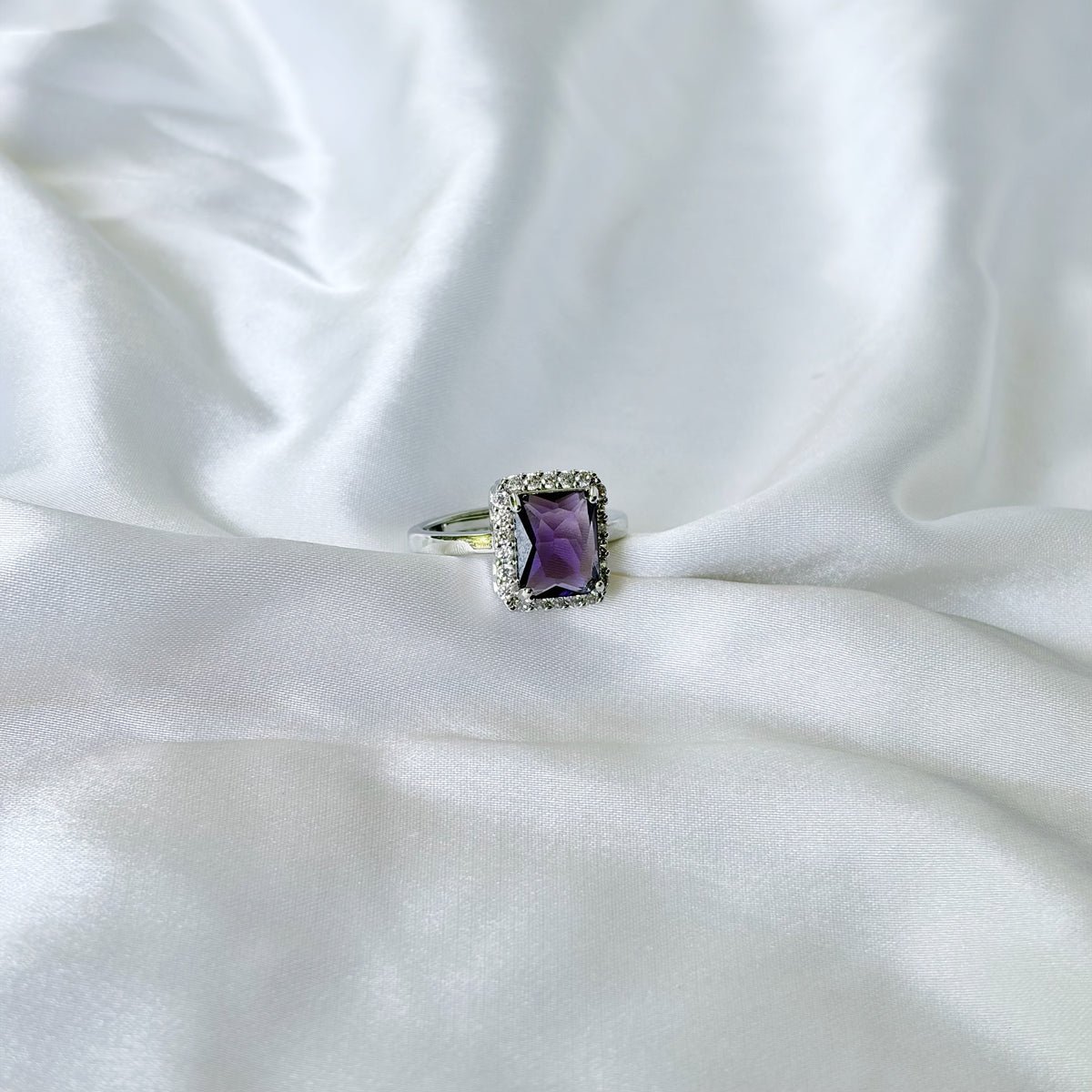 Purple Amethyst Cubic Zirconia Ice Cut American Diamond Silver Plated Adjustable Ring