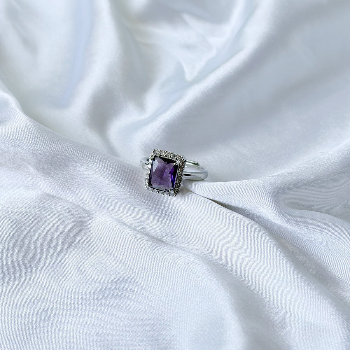 Purple Amethyst Cubic Zirconia Ice Cut American Diamond Silver Plated Adjustable Ring