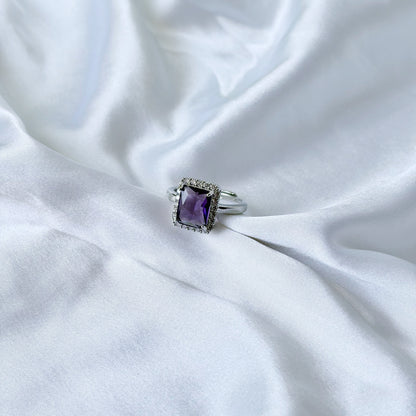 Purple Amethyst Cubic Zirconia Ice Cut American Diamond Silver Plated Adjustable Ring