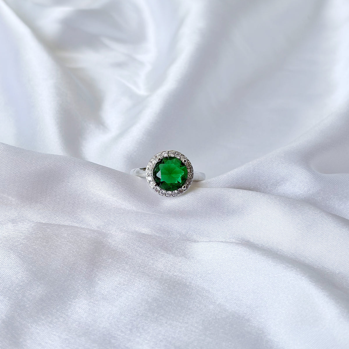 Green Emerald Cubic Zirconia Ice Cut American Diamond Silver Plated Adjustable Ring