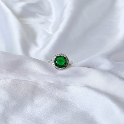 Green Emerald Cubic Zirconia Ice Cut American Diamond Silver Plated Adjustable Ring