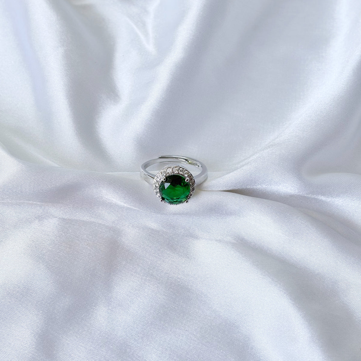 Green Emerald Cubic Zirconia Ice Cut American Diamond Silver Plated Adjustable Ring