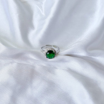 Green Emerald Cubic Zirconia Ice Cut American Diamond Silver Plated Adjustable Ring