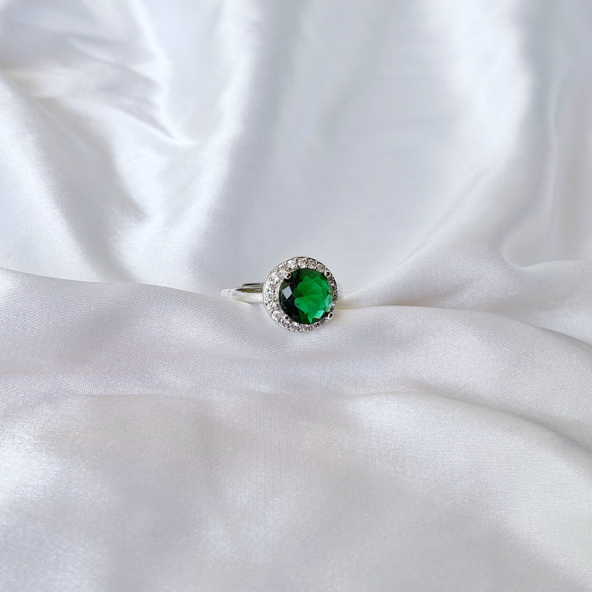 Green Emerald Cubic Zirconia Ice Cut American Diamond Silver Plated Adjustable Ring