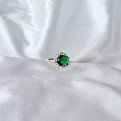 Green Emerald Cubic Zirconia Ice Cut American Diamond Silver Plated Adjustable Ring