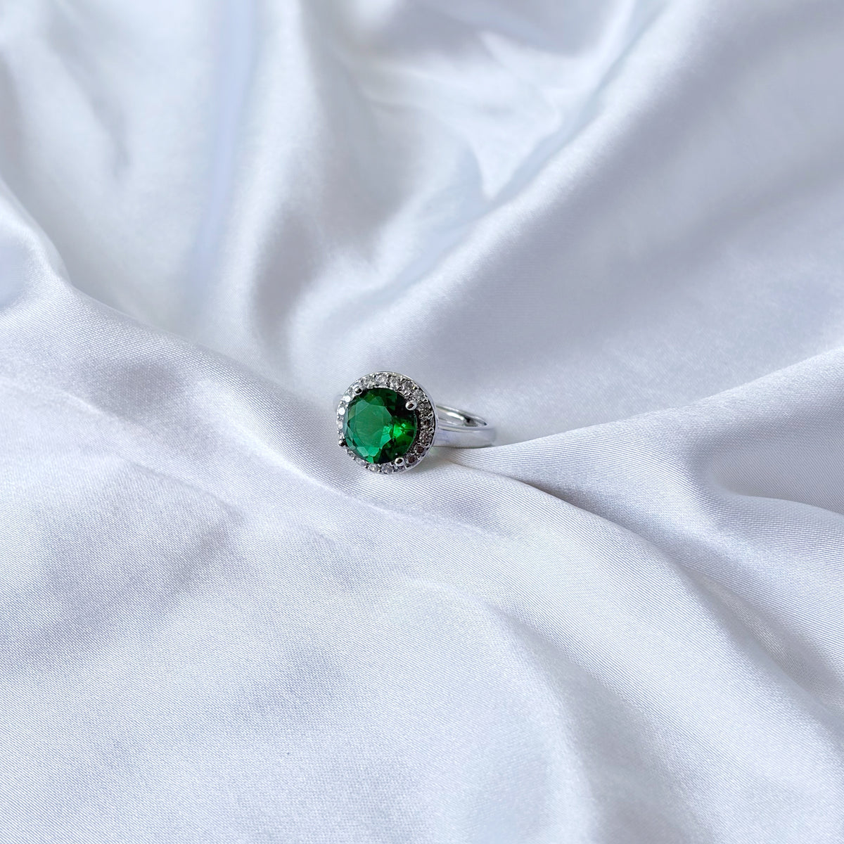 Green Emerald Cubic Zirconia Ice Cut American Diamond Silver Plated Adjustable Ring