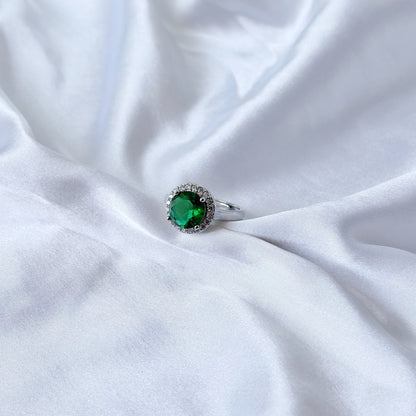 Green Emerald Cubic Zirconia Ice Cut American Diamond Silver Plated Adjustable Ring