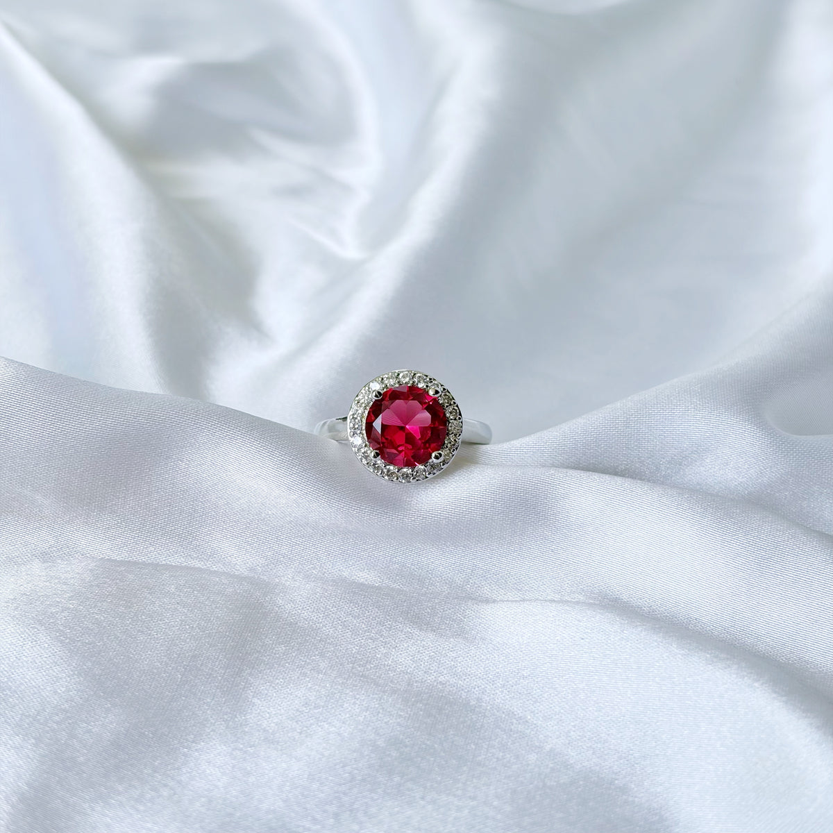 Red Ruby Cubic Zirconia Ice Cut American Diamond Silver Plated Adjustable Ring