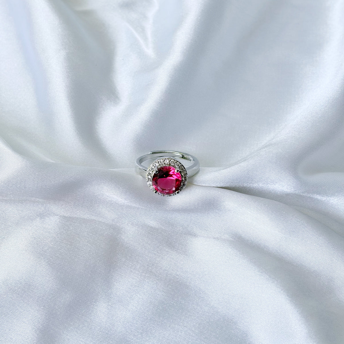 Red Ruby Cubic Zirconia Ice Cut American Diamond Silver Plated Adjustable Ring