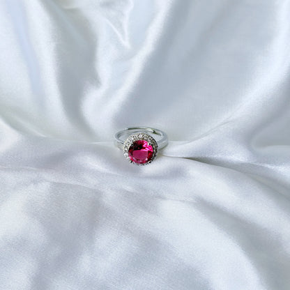 Red Ruby Cubic Zirconia Ice Cut American Diamond Silver Plated Adjustable Ring