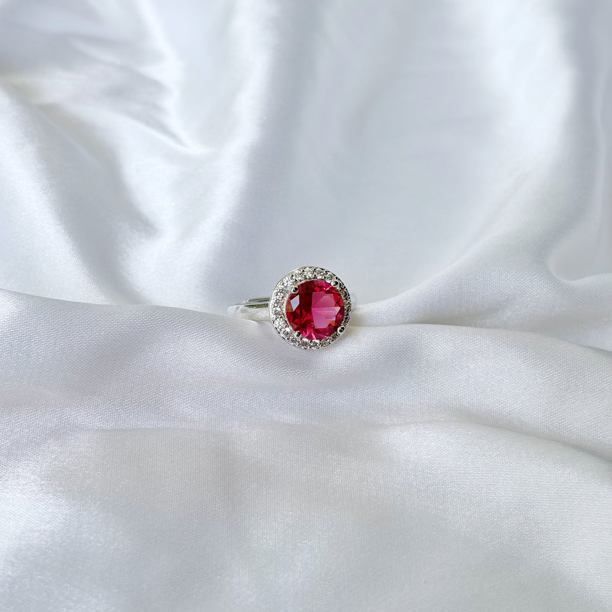 Red Ruby Cubic Zirconia Ice Cut American Diamond Silver Plated Adjustable Ring