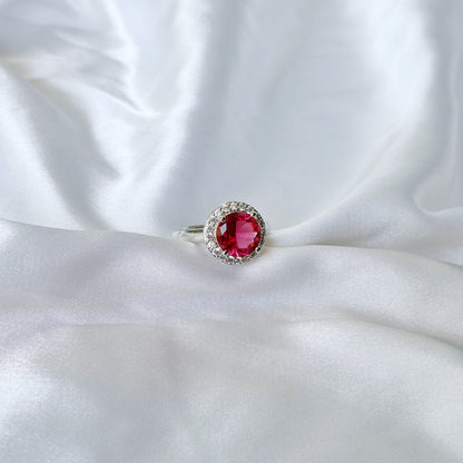 Red Ruby Cubic Zirconia Ice Cut American Diamond Silver Plated Adjustable Ring