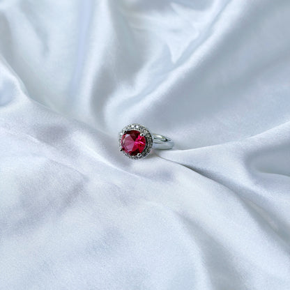Red Ruby Cubic Zirconia Ice Cut American Diamond Silver Plated Adjustable Ring