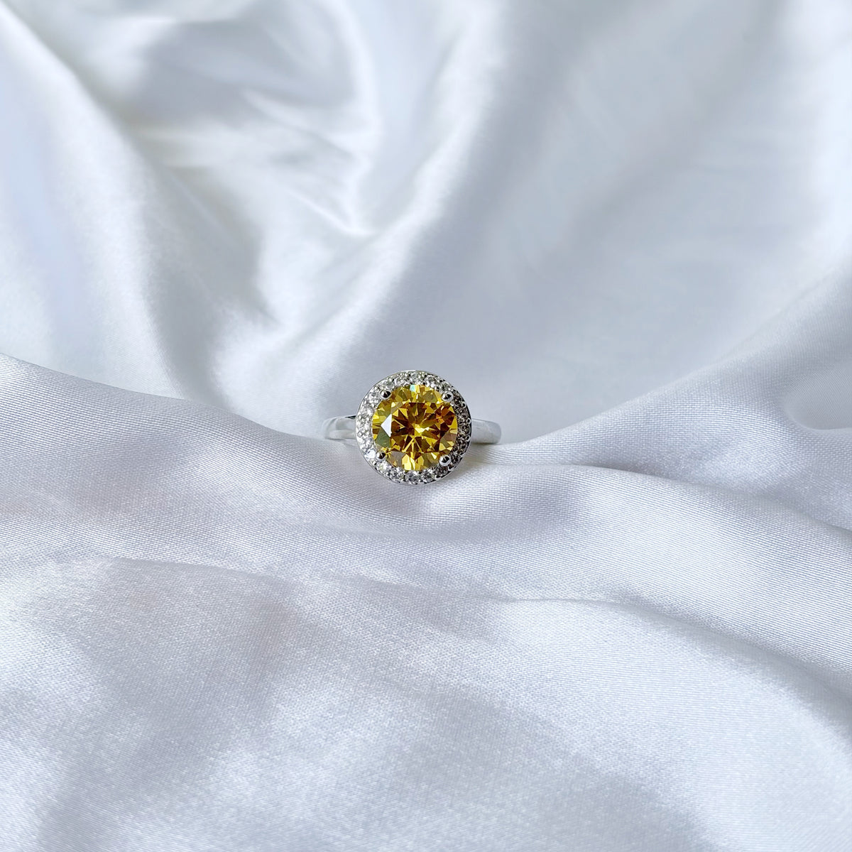 Yellow Topaz Cubic Zirconia Ice Cut American Diamond Silver Plated Adjustable Ring