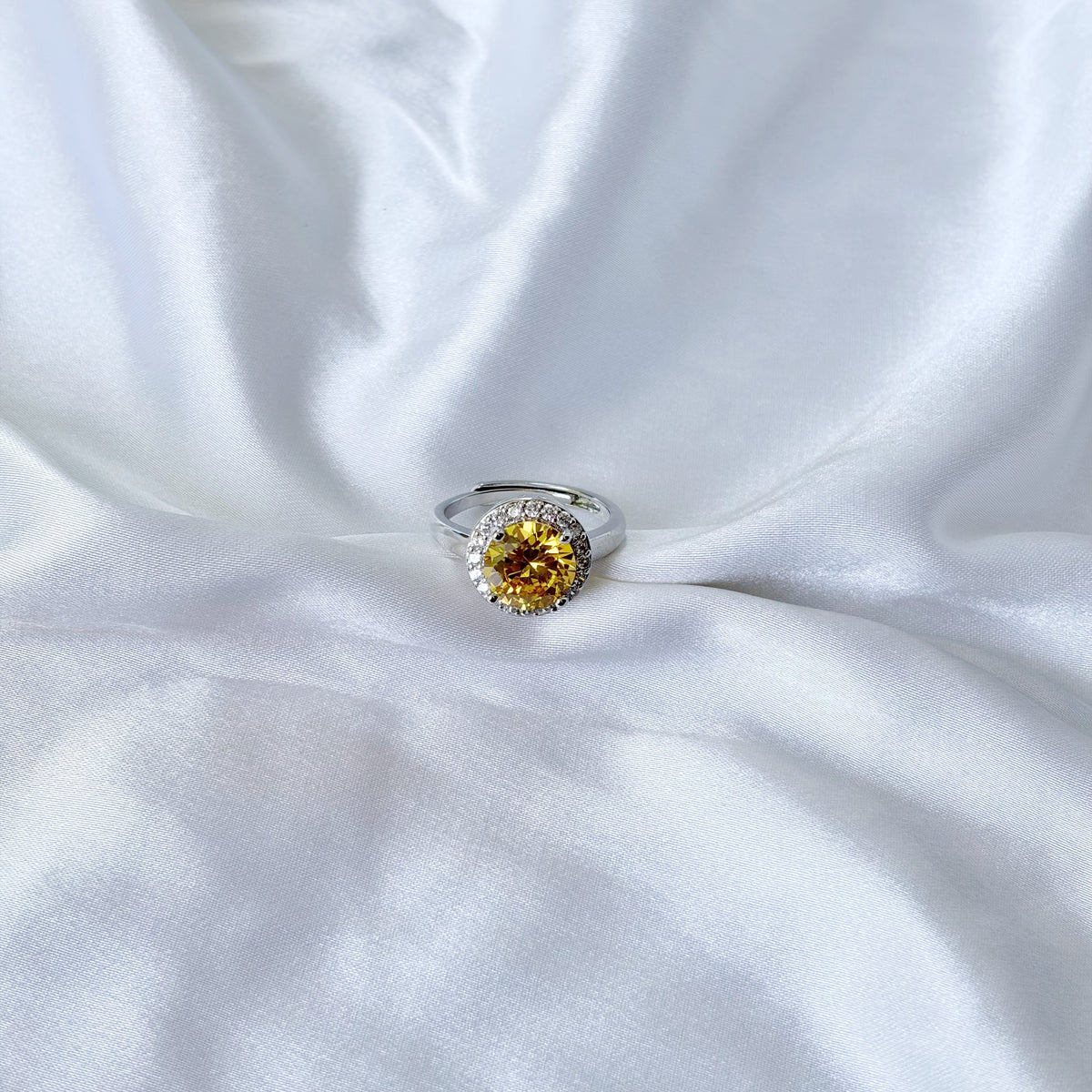 Yellow Topaz Cubic Zirconia Ice Cut American Diamond Silver Plated Adjustable Ring