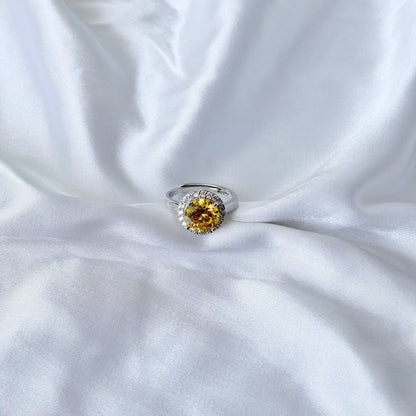 Yellow Topaz Cubic Zirconia Ice Cut American Diamond Silver Plated Adjustable Ring
