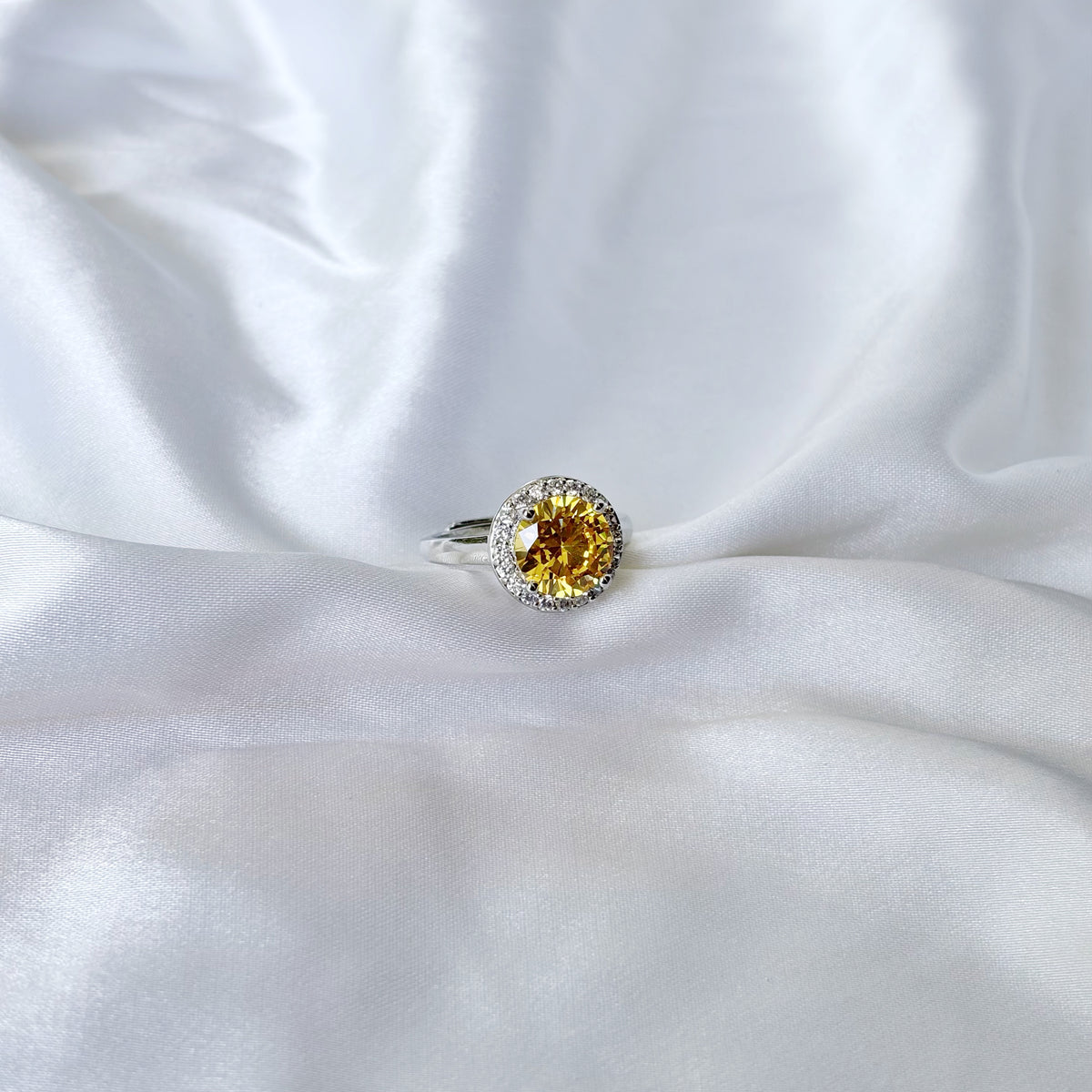 Yellow Topaz Cubic Zirconia Ice Cut American Diamond Silver Plated Adjustable Ring