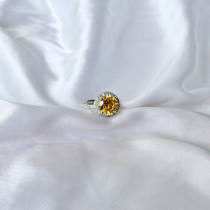 Yellow Topaz Cubic Zirconia Ice Cut American Diamond Silver Plated Adjustable Ring
