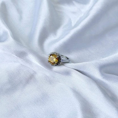 Yellow Topaz Cubic Zirconia Ice Cut American Diamond Silver Plated Adjustable Ring