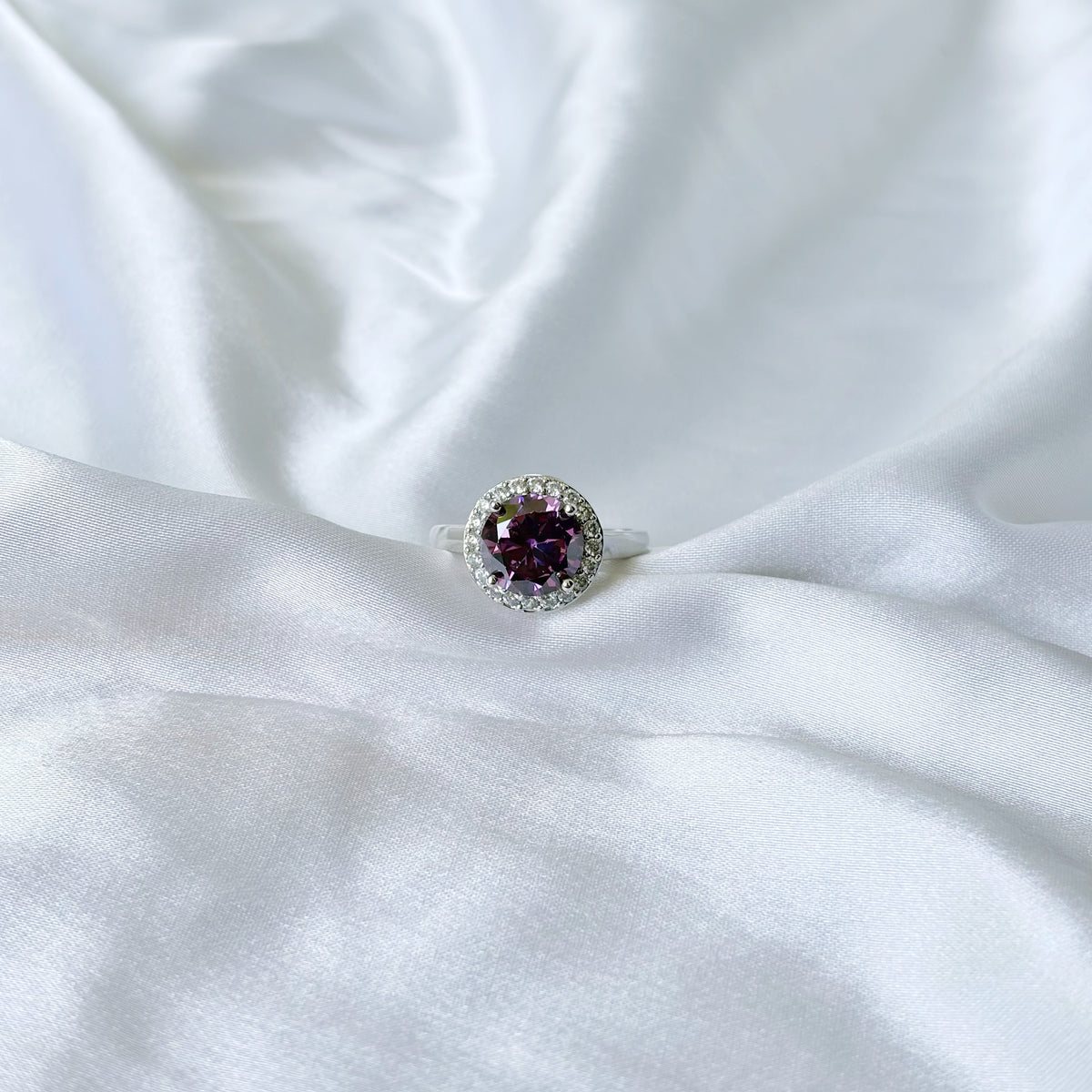 Purple Amethyst Cubic Zirconia Ice Cut American Diamond Silver Plated Adjustable Ring