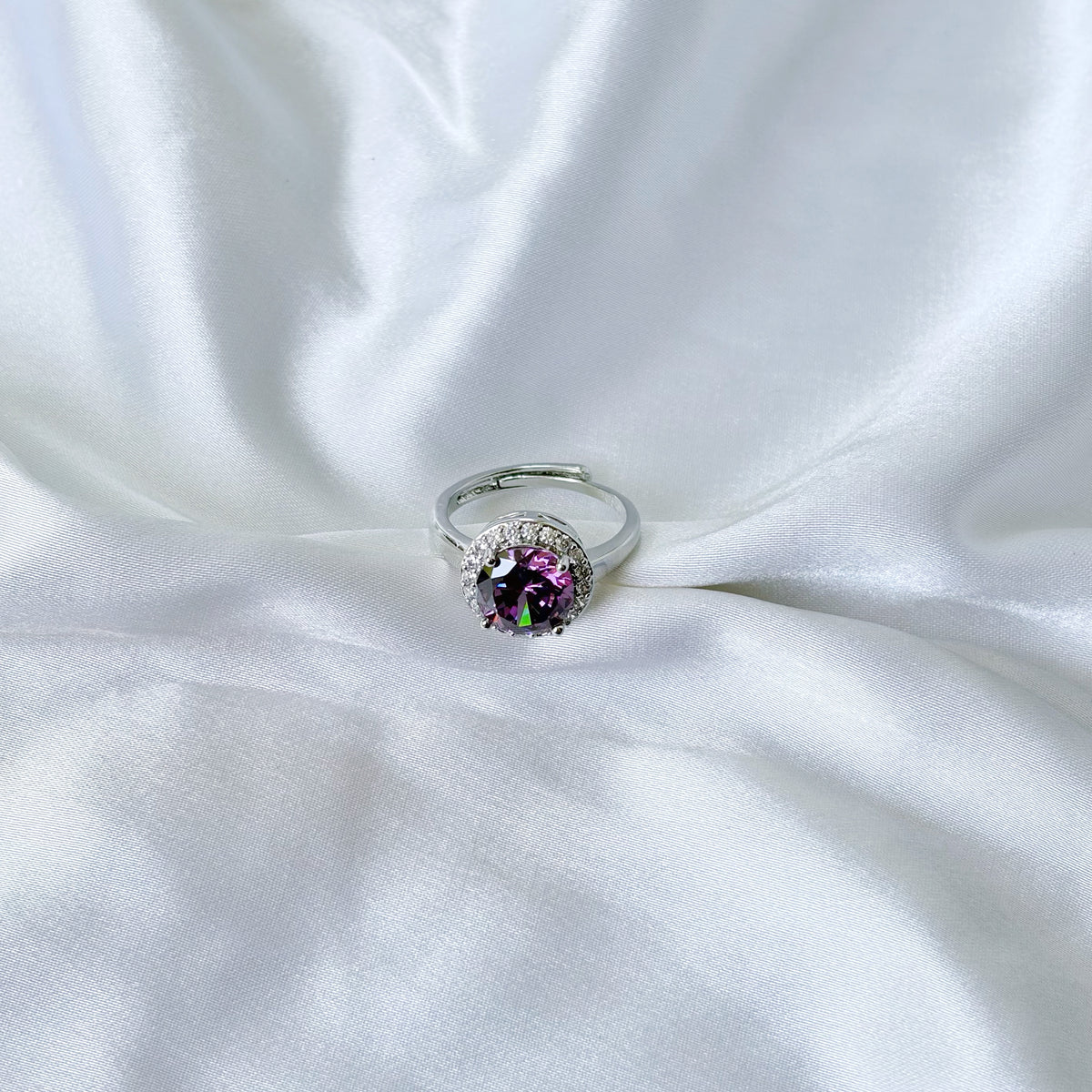 Purple Amethyst Cubic Zirconia Ice Cut American Diamond Silver Plated Adjustable Ring