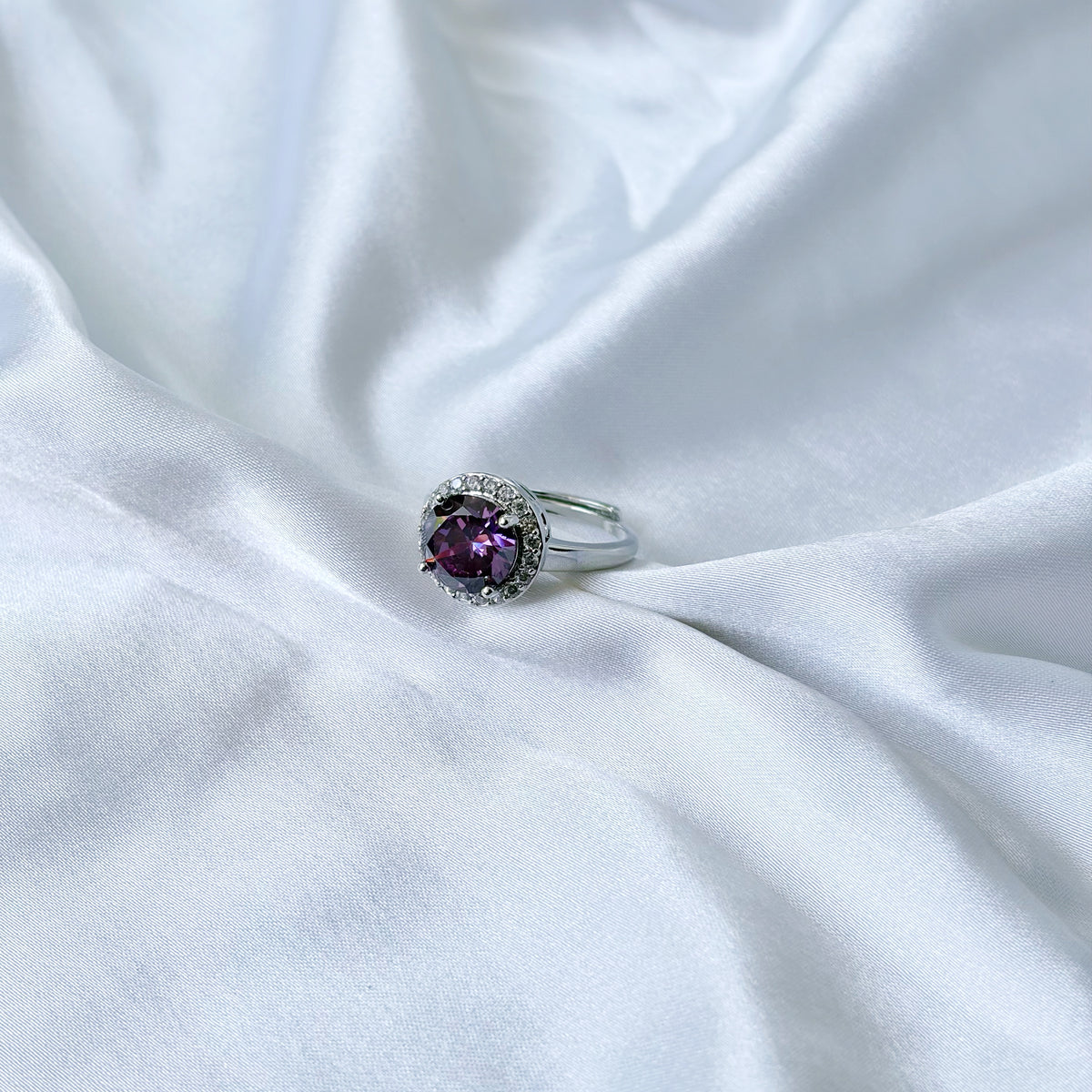 Purple Amethyst Cubic Zirconia Ice Cut American Diamond Silver Plated Adjustable Ring