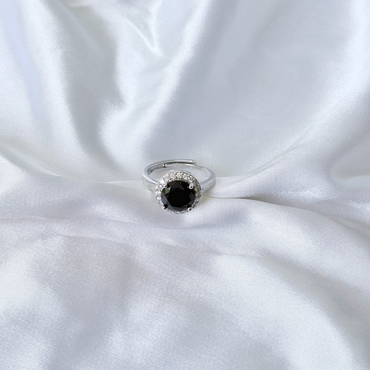 Black Zirconia Ice Cut American Diamond Silver Plated Adjustable Ring