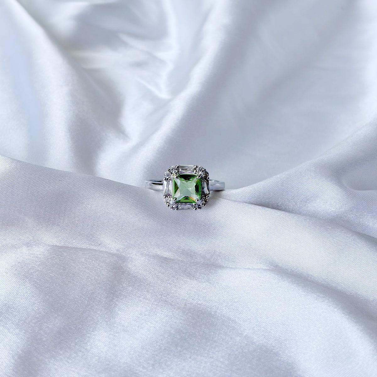 Olive Green Cubic Zirconia Ice Cut American Diamond Silver Plated Adjustable Ring