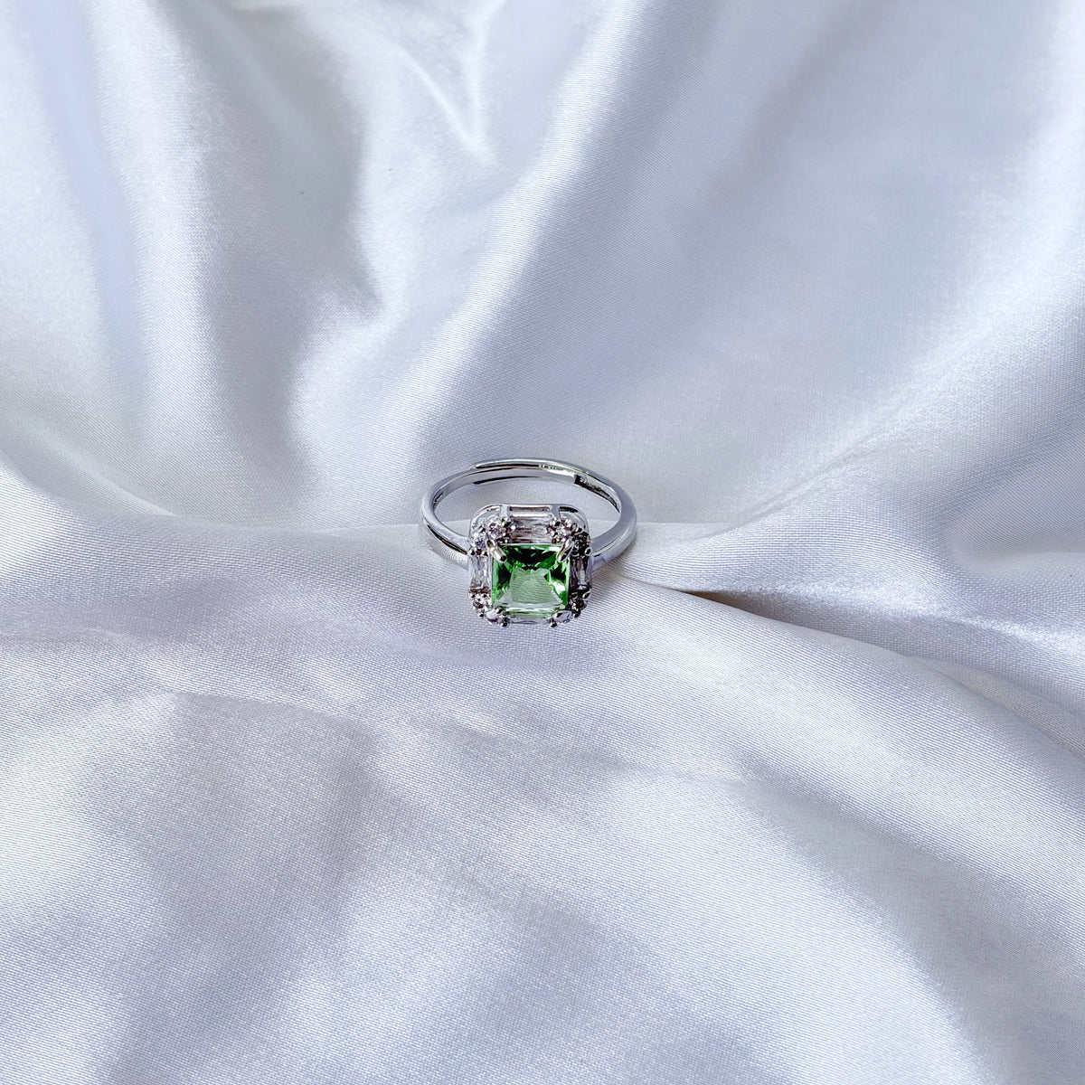 Olive Green Cubic Zirconia Ice Cut American Diamond Silver Plated Adjustable Ring