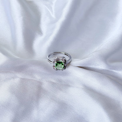 Olive Green Cubic Zirconia Ice Cut American Diamond Silver Plated Adjustable Ring